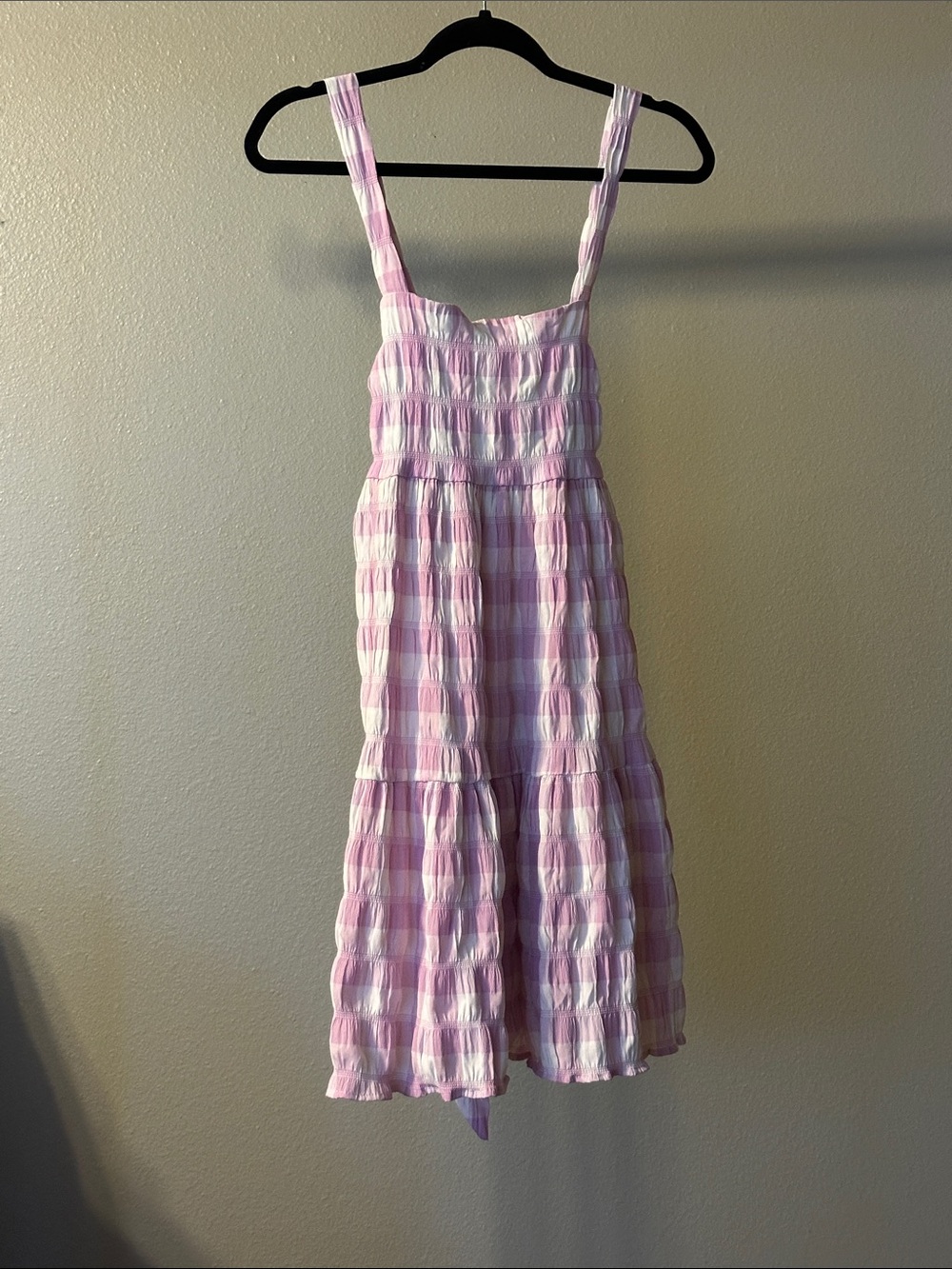 Smocked Light Pink Plaid Midi Sundress with Tiered Skirt